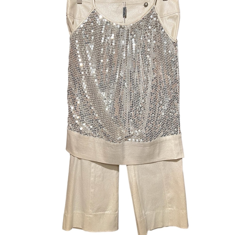 Fabulous Svetlana Outfit Size 10 Silver sequins top metallic cream color Capri